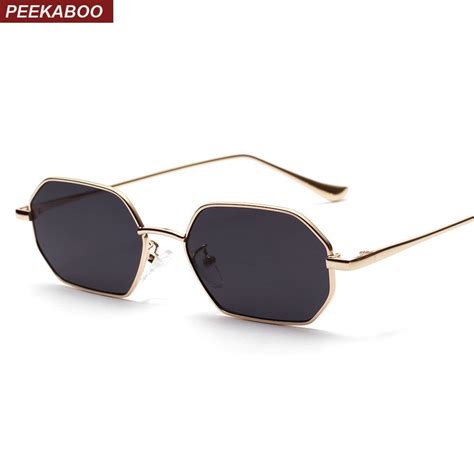 peekaboo small rectangle sunglasses men metal frame polygon women red lens men gold unisex uv400