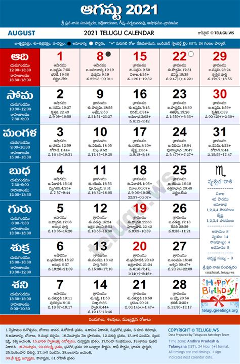 Telugu Calendar 2021 August PDF Print With Festivals Holidays List
