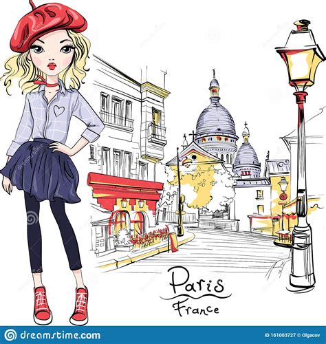 Vector Fashion Girl In Paris Stock Vector Illustration Of Landscape