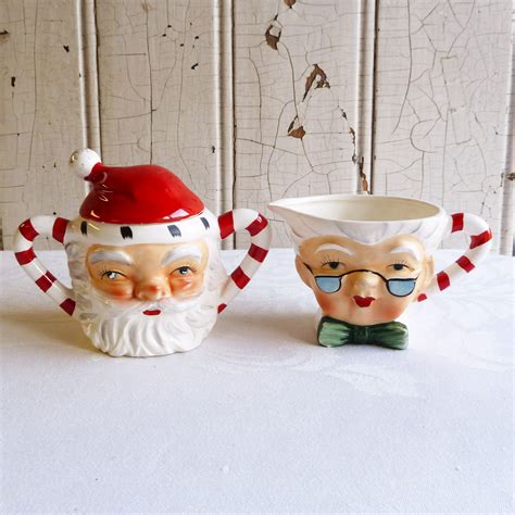 Rare 1960s Lefton Santa And Mrs Claus Cream And Sugar Set Candy Cane