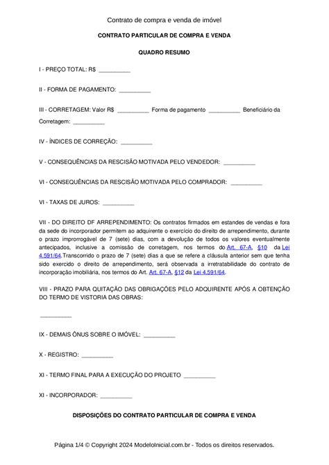 Documento Contrato De Compra E Venda De Imovel Simples Word Free