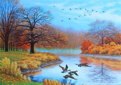 Обои для телефона картина пейзаж осень река утки птицы деревья
