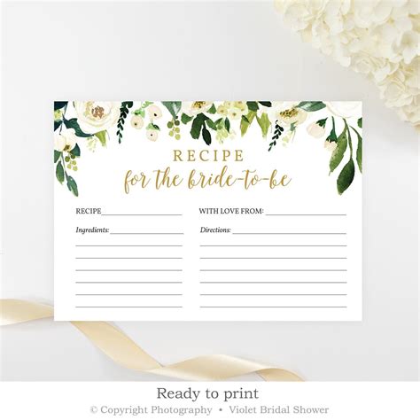 Greenery Recipe Card Template Printable White Florals Bridal Recipe