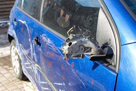 Car After Accident Blue Car Crashed Accident Scratched Doors Side