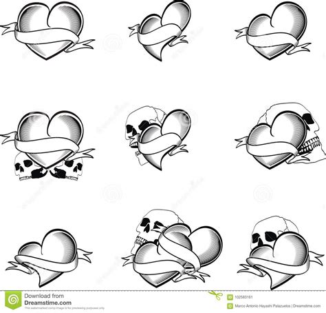 Skull Black Hearts Tattoo Set Skull3 Stock Vector Illustration Of