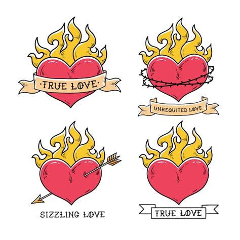 Set Of Flaming Heart Tattoos With Ribbon True Love Heart Burning In