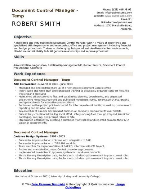 Document Control Manager Resume Samples Qwikresume