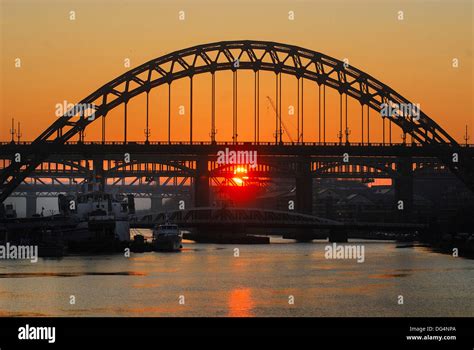 Sunset Over The Tyne Bridges Newcastle Upon Tyne United Kingdom Stock
