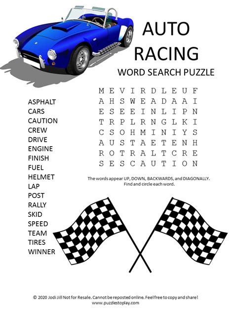 Auto Racing Word Search Puzzle Puzzles To Play