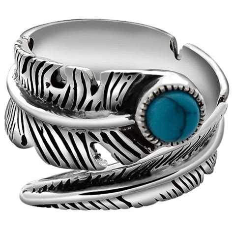 SA SILVERAGE Feather RING 925 Sterling Silver With Artificial Turquoise