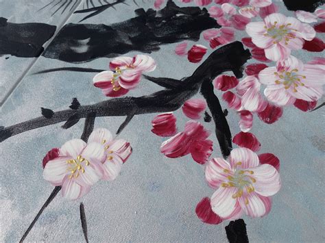 Japan Art Cherry Blossom And Love Birds Japanese Style Silver Painting