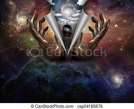 Eases uses one hand with your phone. Surreal painting. hands of god in colorful universe. man with galaxy inside head stands before ...