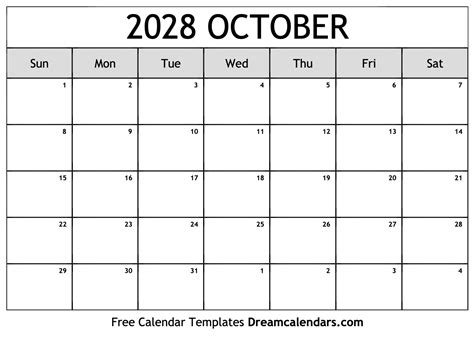 Download Printable October 2028 Calendars
