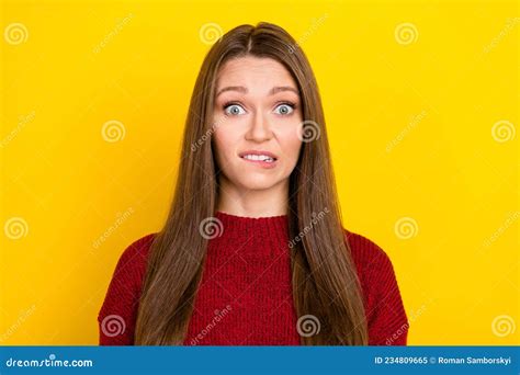 Photo Of Young Woman Bite Lips Teeth Anxious Worried Fail Mistake Problem Isolated Over Yellow