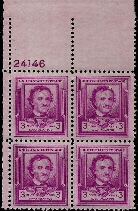Scott 986 Plate Block Of 4 1949 Edgar Allan Poe 3c Mnh Stock Photo