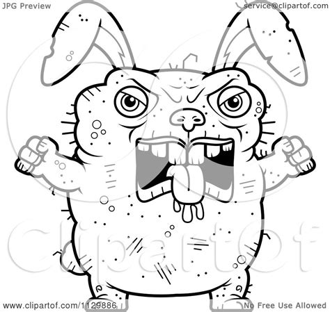 Cartoon Clipart Of An Outlined Mad Ugly Rabbit Black And White Vector