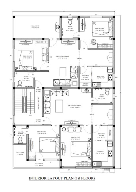 Autocad Drawing Of Residence First Floor Apartment Type Cadbull