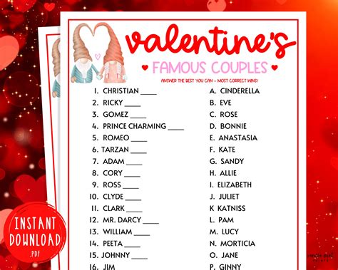 Valentines Day Famous Couples Match Game Valentine Etsy