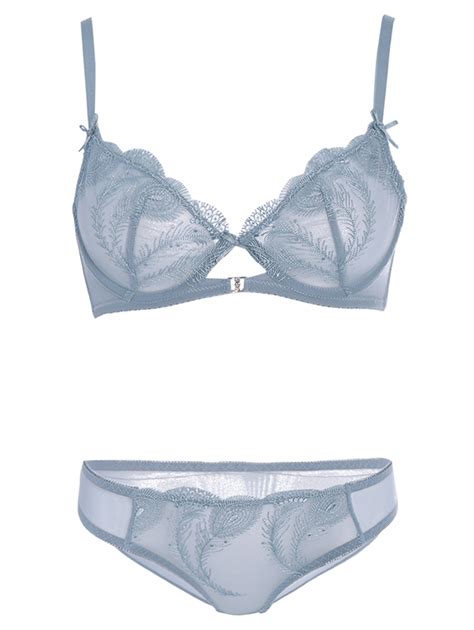 41 Off 2021 Transparent Embroidered Ultra Thin Bra Set In Blue Gray