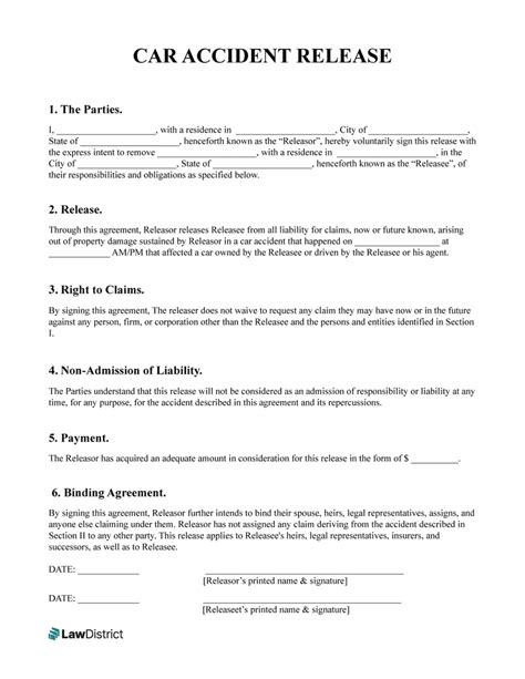 Car Accident Release Of Liability Form Free Template Sample Lawdistrict