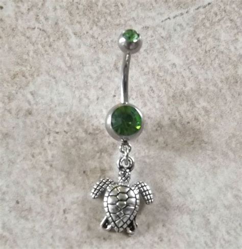 Turtle Belly Ring With Green Rhinestone Barbell Body Jewelry Turtle