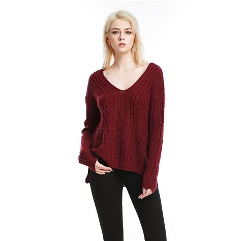 Wipalo Women V Neck Sexy Cable Knit Sweaters Long Sleeves Off Shoulder