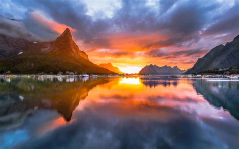 4529148 Reflection Lofoten Islands Midnight Landscape Sun Fjord