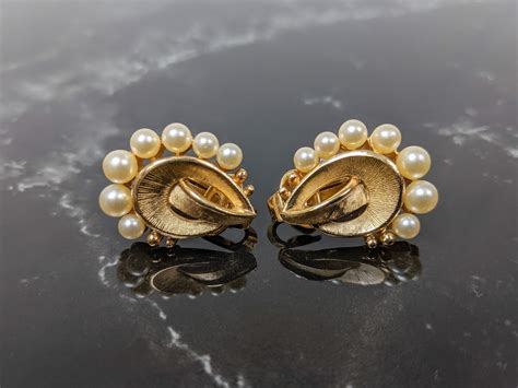 lovely vintage gold tone faux pearl clip on earrings signed etsy uk clip on earrings