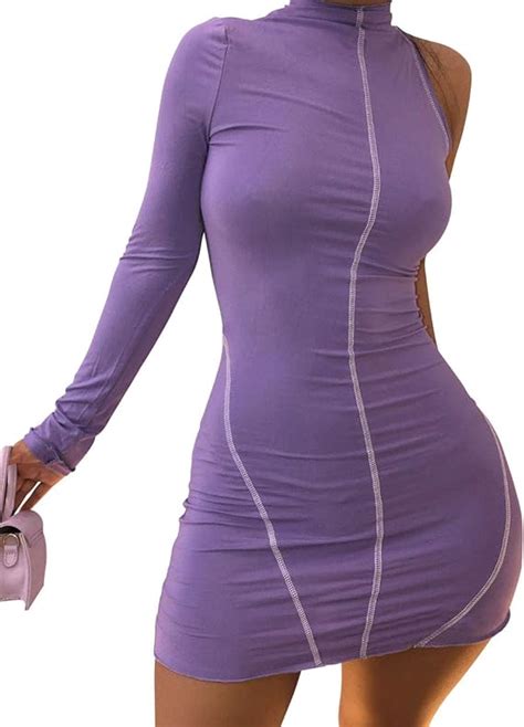 Women One Sleeve Purple Dress Sexy Cotton Mini Dresses Fitness Streetwear Amazon Ca Clothing