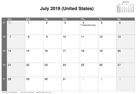 July 2019 Usa Calendar With Holidays Usa Calendar Holiday Calendar
