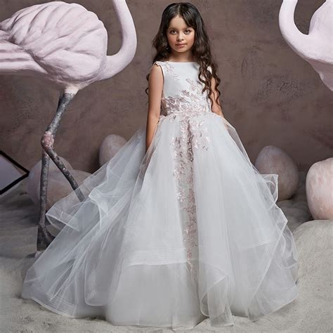 white flower girls dresses for weddings 2019 ball gown and sweep train appliques tulle flower