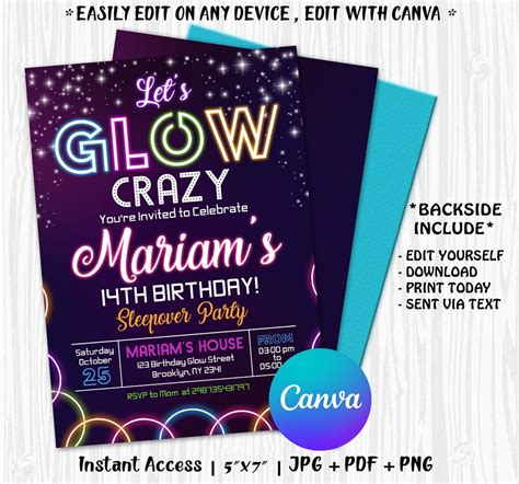 Editable Glow Invitation Neon Glow Birthday Invitation Glow Etsy