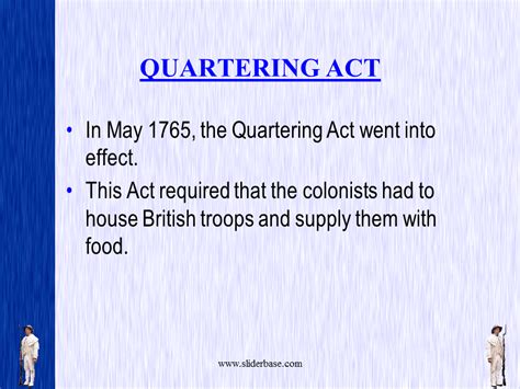 Nov 13, 2009 · the quartering act of 1765 required the colonies to house british soldiers in barracks provided by the colonies. Sugar act