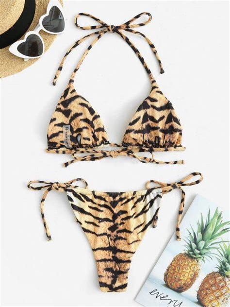 Zaful Tiger Print Ribbed Ruched Loincloth Bikini Swimwear In 2022