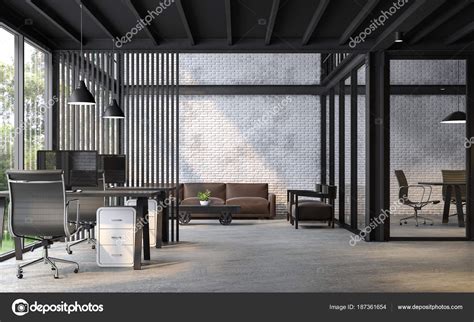 Industrial Loft Style Office Render White Brick Wall Polished Concrete