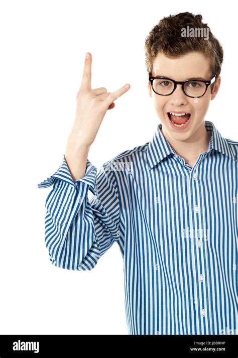 Excited Boy With A Trendy Yo Gesture Against White Background Stock