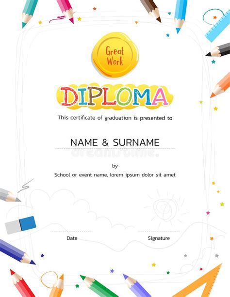 Kids Diploma Or Certificate Template With Painting Stuff Border Stock
