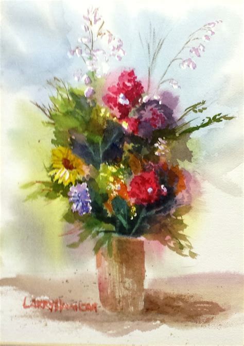 Watercolor Paintings Of Flowers In Vases At