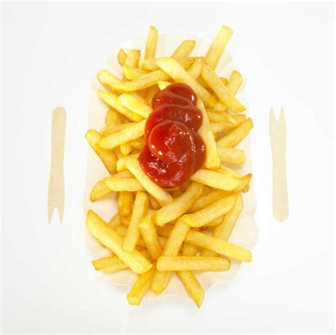 Ketchup On French Fries Close Up Elevated View Stock Photo