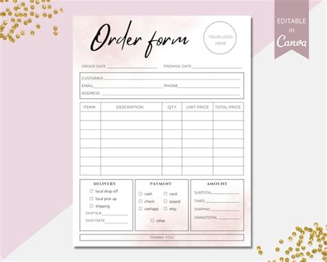 Order Form Template Editable Small Business Order Forms Etsy Australia