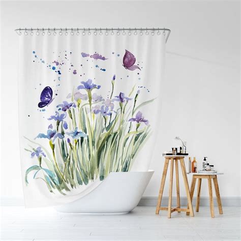 Floral Shower Curtain Flowers And Butterflies Watercolors Etsy