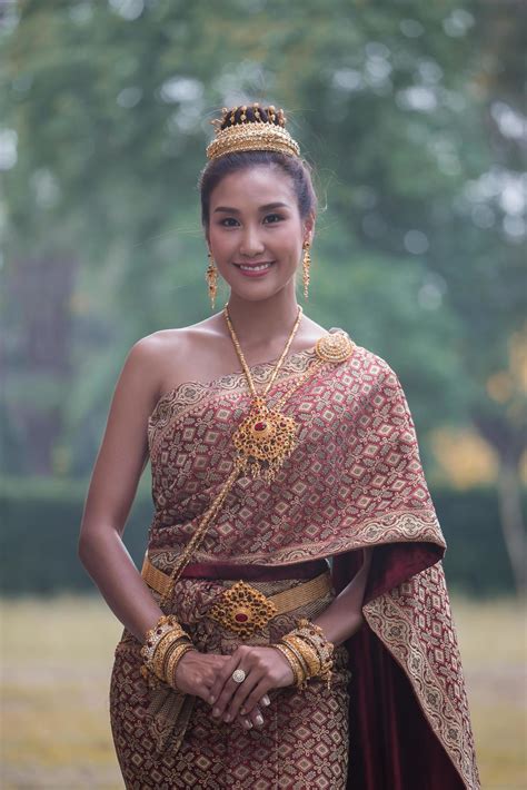 Beautiful Thai Woman Wearing Thai Traditional Dress Stock Photo