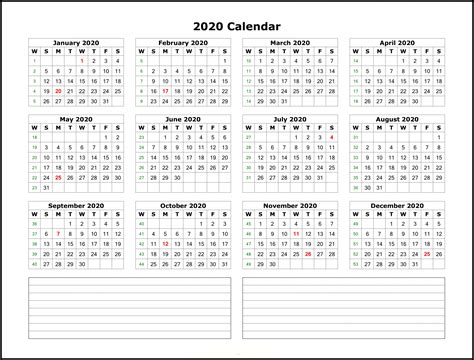 2020 Yearly Calendar Printable Word