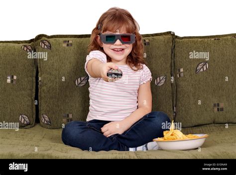 Happy Little Girl With 3d Glasses Watching Tv Stock Photo Alamy