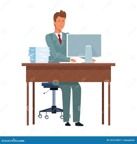 Cartoon Businessman Working At Desk Stock Vector Illustration Of