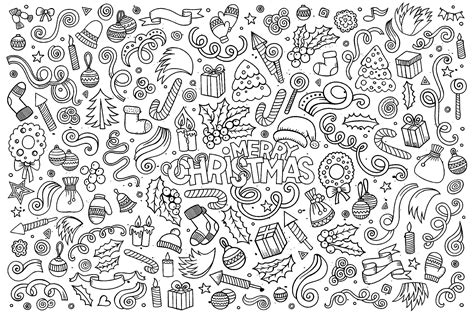 Merry Christmas Doodles Various Objects Linked To Celebrate The Magic