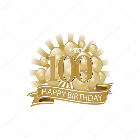 100th Golden Happy Birthday Logo With Balloons And Burst Of Light Stock