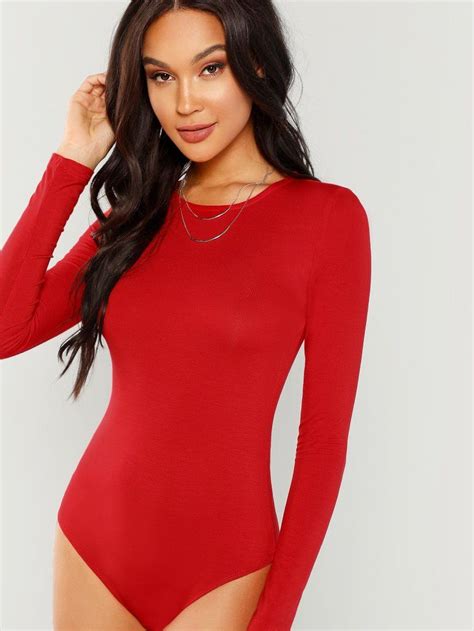 Red Solid Long Sleeve Bodysuit Red Long Sleeve Bodysuit Tee Bodysuit Basic Long Sleeve