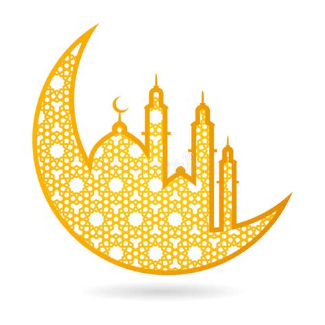 Guld Crescent Moon With Mosque Silhouette Vektor Illustrationer