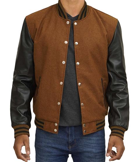 Mens Brown Wool Varsity Jacket With Black Real Leather Sleeves In Canada